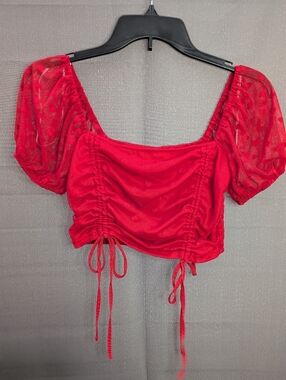 Ruched Red Puff Sleeve Crop Top with Adjustable Ties